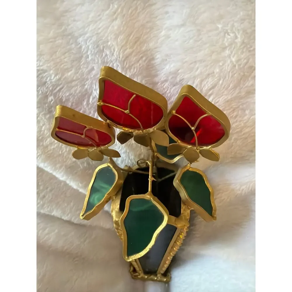 Rare Vintage Stained Glass Style Red Tulip Flower Vase Gold Tone Decor